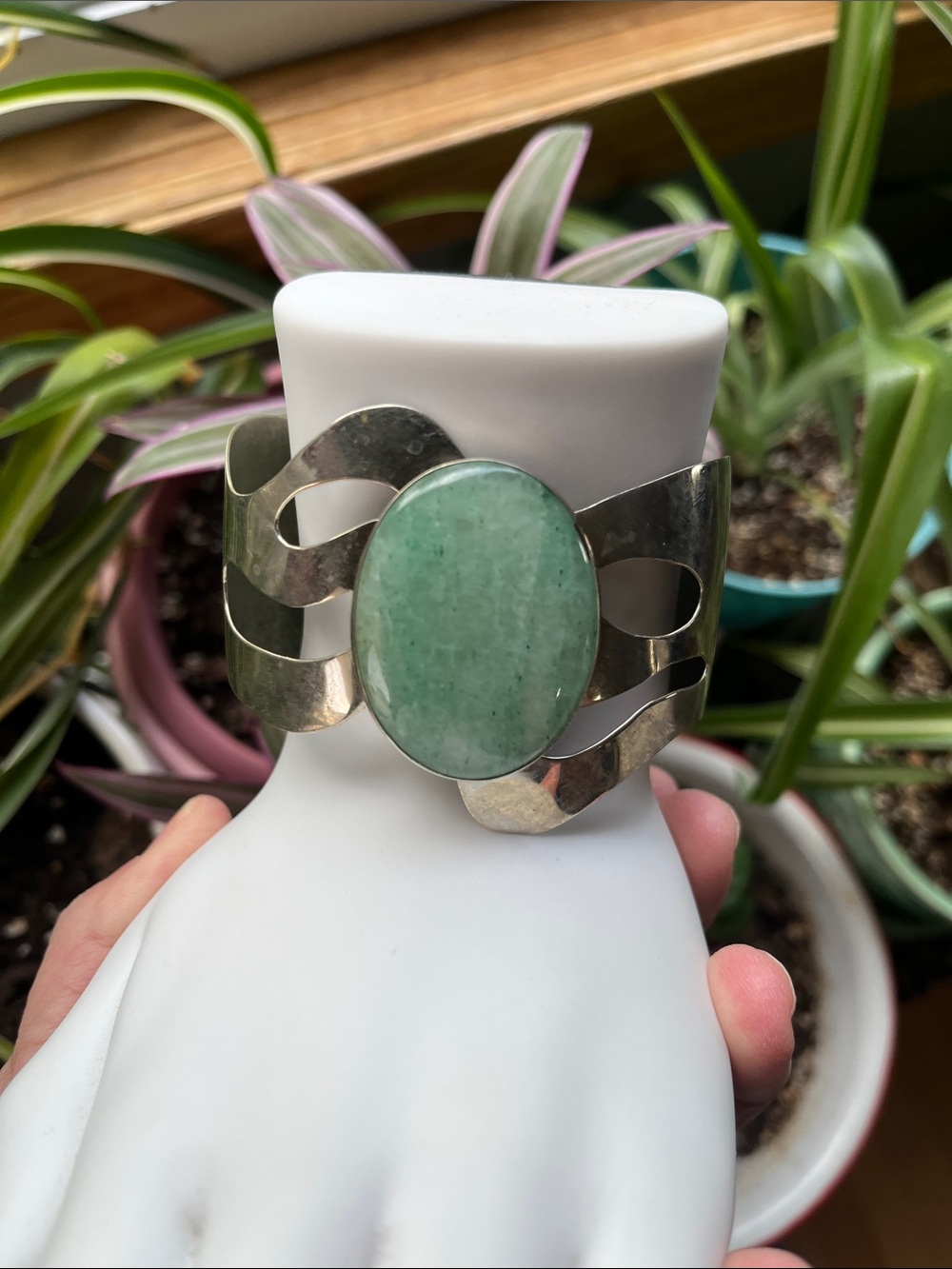 Vtg Artisan Florelle Wide Cuff Bracelet Silver Tone Metal W/Lt Green Oval Stone